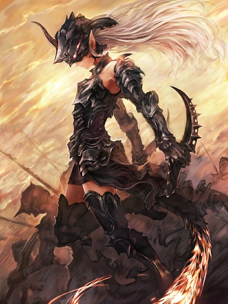 Anime picture 825x1100 with original suzuya akinori long hair tall image blonde hair red eyes holding cloud (clouds) tail horn (horns) wind pointy ears dual wielding girl weapon armor helmet spear dagger crowd