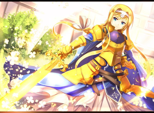 Anime picture 2000x1474 with sword art online a-1 pictures sakura ani single long hair looking at viewer highres blue eyes blonde hair girl gloves flower (flowers) weapon sword armored dress