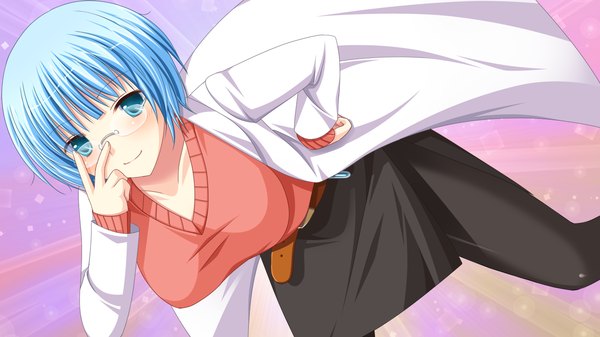 Anime picture 1280x720 with kessen! short hair blue eyes wide image blue hair game cg girl skirt miniskirt glasses coat