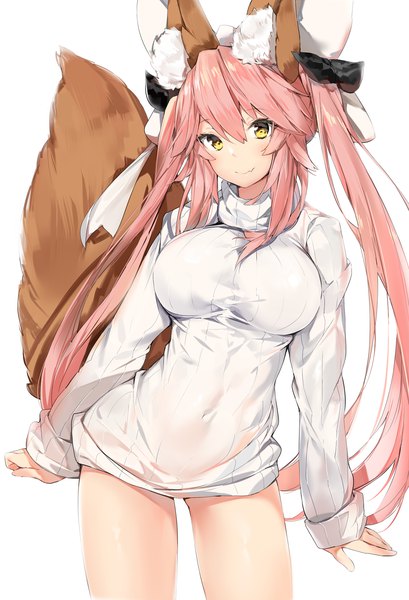 Anime picture 1500x2200 with fate (series) fate/grand order fate/extra tamamo (fate) (all) tamamo no mae (fate) silver (chenwen) single long hair tall image looking at viewer blush fringe breasts light erotic simple background smile hair between eyes large breasts standing white background