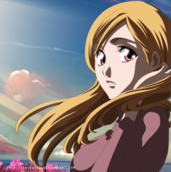 Anime picture 1350x1363 with bleach studio pierrot inoue orihime akira-12 single long hair tall image blonde hair sky cloud (clouds) pink eyes looking back sunlight coloring adjusting hair girl flower (flowers) sea sweater