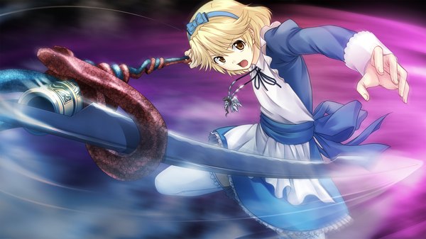 Anime picture 2048x1152 with tokyo babel highres short hair open mouth blonde hair wide image yellow eyes game cg maid girl thighhighs weapon white thighhighs hairband scythe