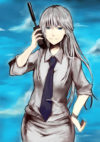 Anime picture 2480x3507 with jormungand white fox koko hekmatyar single long hair tall image highres blue eyes white hair girl skirt shirt necktie phone