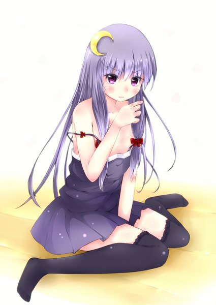 Anime picture 1274x1800 with touhou patchouli knowledge amatsuki hotaru single long hair tall image sitting purple eyes purple hair crescent girl thighhighs bow black thighhighs hair bow sundress