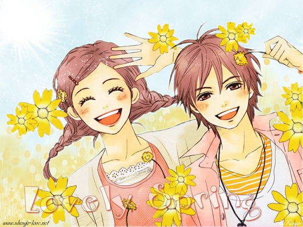 Anime picture 1024x768 with lovely complex toei animation koizumi risa ootani atsushi blush smile brown hair brown eyes braid (braids) eyes closed couple twin braids girl boy hair ornament flower (flowers) hairclip