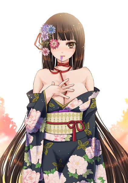 Anime picture 704x1000 with original hiroharu single long hair tall image breasts light erotic black hair brown eyes traditional clothes japanese clothes girl flower (flowers) ribbon (ribbons) kimono obi