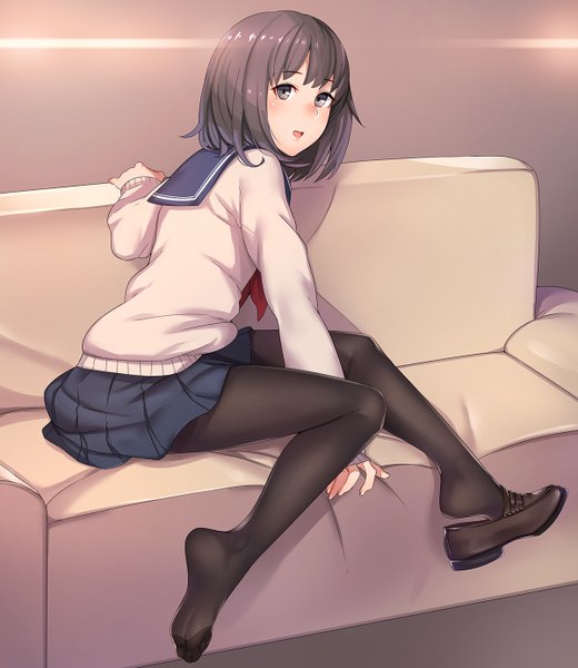 Anime picture 1200x1382 with original inuhasiru single tall image looking at viewer blush short hair open mouth black hair brown eyes girl uniform school uniform pantyhose shoes couch