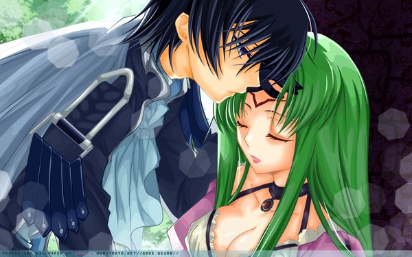 Anime picture 1920x1200 with code geass sunrise (studio) clamp c.c. lelouch lamperouge highres breasts black hair wide image eyes closed green hair couple girl boy