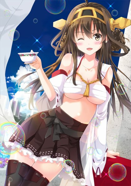 Anime picture 650x922 with kantai collection kongou battleship takanashi haruto single long hair tall image blush open mouth light erotic smile brown hair brown eyes sky cloud (clouds) one eye closed wink hair bun (hair buns) nontraditional miko girl thighhighs