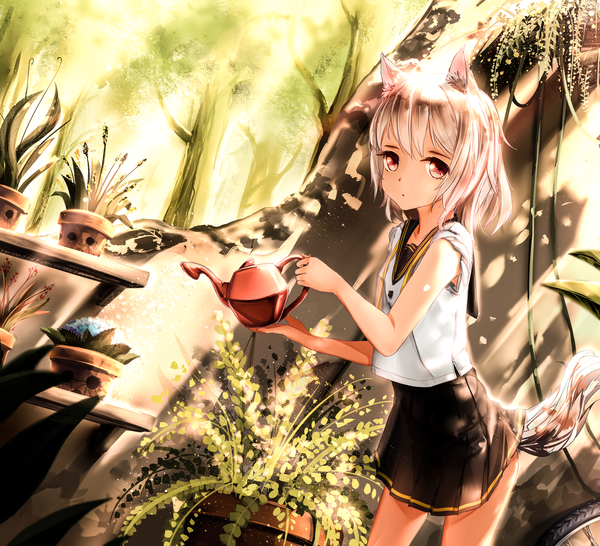 Anime picture 4500x4102 with original vente3141 single looking at viewer fringe highres short hair red eyes holding animal ears absurdres silver hair tail animal tail pleated skirt sunlight :o dutch angle fox ears fox tail
