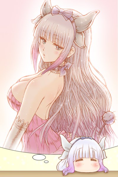 Anime picture 601x900 with kobayashi-san chi no maidragon kyoto animation kanna kamui bluez single long hair tall image looking at viewer blush fringe breasts blue eyes light erotic simple background large breasts payot cleavage silver hair purple hair tail