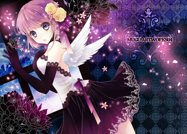 Anime picture 1000x714 with original ishikawa sae (artist) looking at viewer short hair blue eyes pink hair hair flower girl dress gloves hair ornament flower (flowers) wings elbow gloves