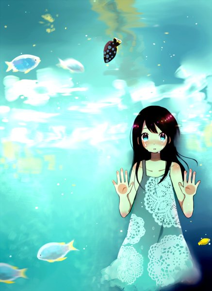 Anime picture 1156x1584 with original tamayo (artist) single long hair tall image blush blue eyes black hair sleeveless tears underwater crying girl sundress fish (fishes) hands