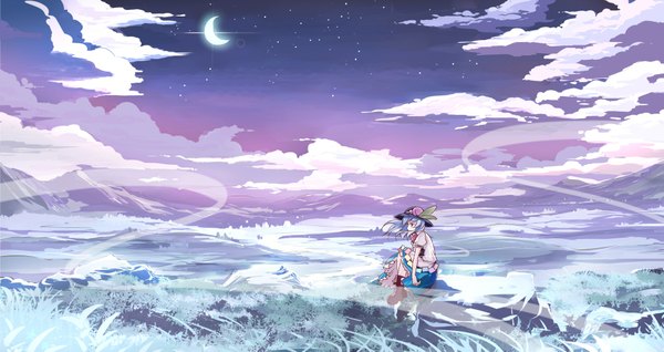 Anime picture 1887x1003 with touhou hinanawi tenshi risutaru highres blue eyes wide image sitting sky cloud (clouds) aqua hair landscape fog girl dress plant (plants) hat boots bowtie moon star (stars)