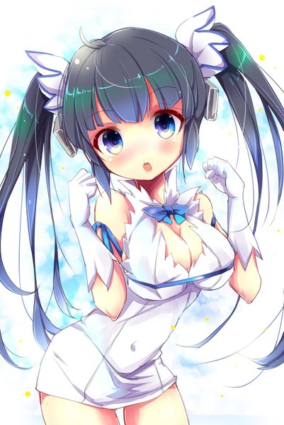 Anime picture 963x1440 with dungeon ni deai wo motomeru no wa machigatteiru darou ka j.c. staff hestia (danmachi) uta (kuroneko) single long hair tall image blush fringe breasts open mouth blue eyes light erotic black hair large breasts standing twintails cleavage ahoge light smile