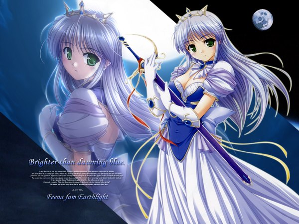 Anime picture 1600x1200 with yoake mae yori ruri iro na august soft feena fam earthlight long hair looking at viewer fringe breasts holding green eyes silver hair blunt bangs light smile character names text english sheathed girl dress gloves weapon