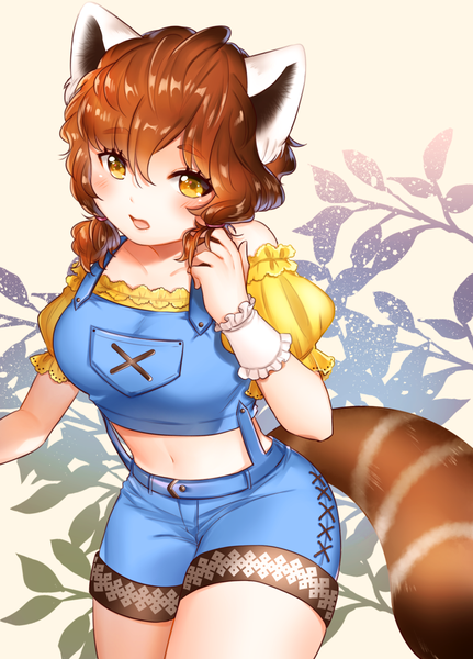Anime picture 900x1251 with original shichimi single tall image looking at viewer blush fringe short hair breasts hair between eyes brown hair twintails bare shoulders brown eyes animal ears tail animal tail bare belly puffy sleeves thighs