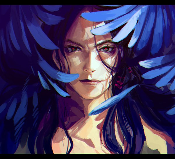 Anime picture 2300x2100 with jojo no kimyou na bouken illuso meron nouka single long hair looking at viewer highres black hair bare shoulders lips black eyes portrait letterboxed boy feather (feathers)