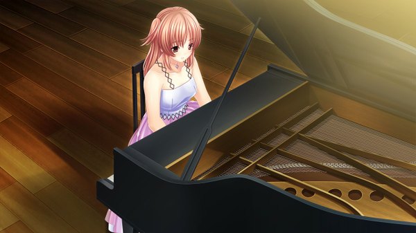 Anime picture 1280x720 with morobito kozorite (game) long hair red eyes brown hair wide image game cg girl dress piano