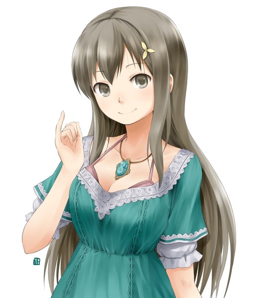 Anime picture 1200x1392 with atelier (series) gust (company) cecilia helmold nagian single long hair tall image looking at viewer simple background smile brown hair white background brown eyes signed cleavage girl hair ornament hairclip pendant