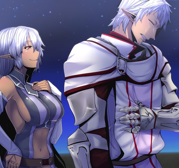 Anime picture 1600x1500 with final fantasy xi elvaan buront long hair blush short hair smile red eyes standing bare shoulders white hair very long hair pointy ears from behind night night sky couple tears dark skin elf
