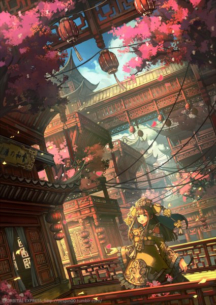 Anime picture 886x1252 with original bespin long hair tall image brown hair green eyes looking away cherry blossoms fantasy scenic architecture east asian architecture girl dress flower (flowers) plant (plants) petals tree (trees) headdress lantern