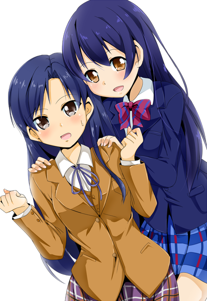 Anime picture 800x1162 with idolmaster love live! school idol project sunrise (studio) love live! sonoda umi kisaragi chihaya tsukasa 0913 long hair tall image blush fringe open mouth multiple girls brown eyes blue hair transparent background hand on another's shoulder girl skirt uniform