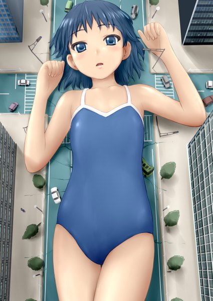 Anime picture 1128x1593 with original manzi single tall image looking at viewer short hair open mouth blue eyes light erotic blue hair lying on back giant girl swimsuit plant (plants) tree (trees) one-piece swimsuit ground vehicle car