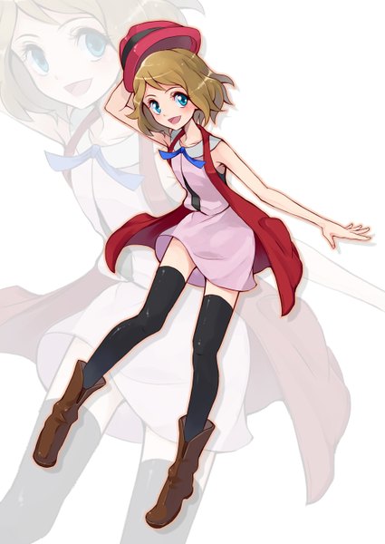 Anime picture 1000x1412 with pokemon pokemon xy nintendo serena (pokemon) hummer (sasanqua-sh) single tall image blush short hair open mouth blue eyes brown hair white background looking away outstretched arm zoom layer girl thighhighs dress black thighhighs