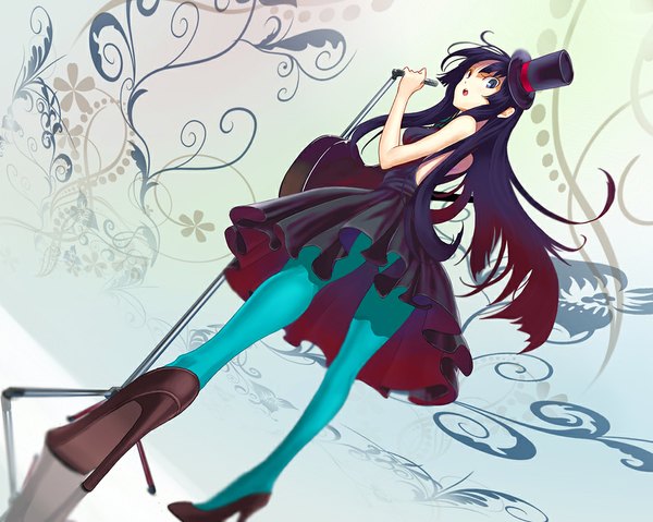 Anime picture 1024x819 with k-on! kyoto animation akiyama mio sodeya itsuki single long hair looking at viewer black hair standing full body from below high heels don't say "lazy" girl dress hat pantyhose black dress microphone musical instrument