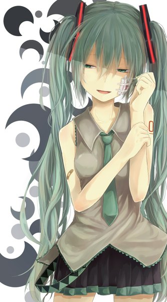 Anime picture 992x1786 with vocaloid rolling girl (vocaloid) hatsune miku yushika single tall image open mouth twintails very long hair aqua eyes aqua hair bandaid on face bandaid on arm girl hair ornament necktie bandaid