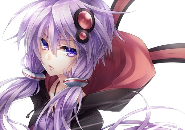 Anime picture 1000x707 with vocaloid yuzuki yukari ueno tsuki single long hair looking at viewer fringe simple background white background purple eyes twintails animal ears looking away purple hair parted lips from above wind bunny ears low twintails eyebrows