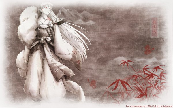 Anime picture 1920x1200 with inuyasha sesshomaru single long hair highres blonde hair wide image brown eyes looking away white hair traditional clothes pointy ears boy weapon sword fur