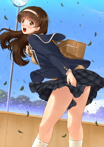 Anime picture 1446x2046 with original kazeno single long hair tall image blush open mouth black hair brown eyes wind girl skirt uniform school uniform miniskirt socks serafuku leaf (leaves) white socks school bag