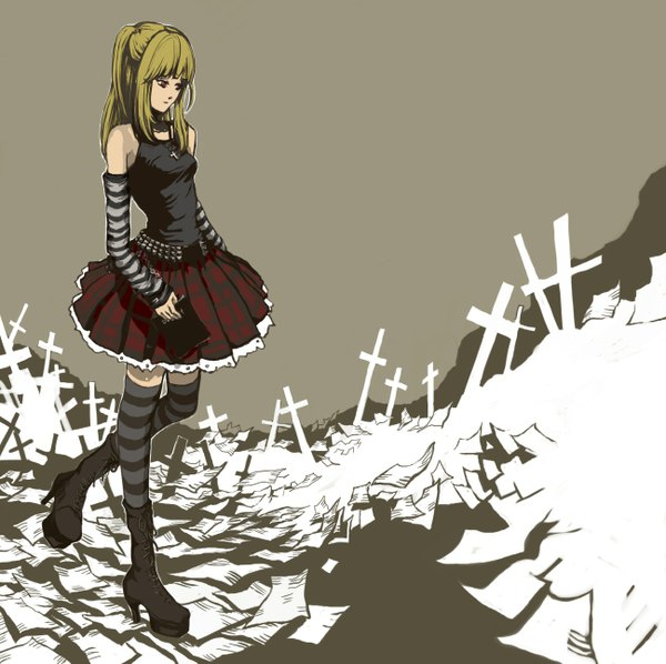 Anime picture 1298x1295 with death note madhouse amane misa tsubu mikan single long hair fringe blonde hair red eyes twintails bare shoulders high heels looking down plaid skirt pale skin lacing sad girl thighhighs skirt