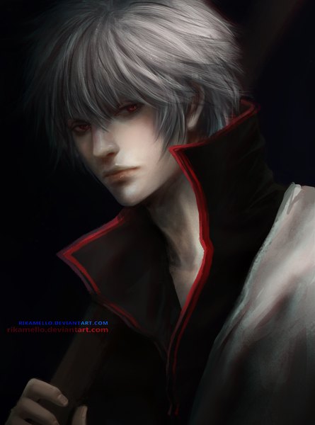 Anime picture 1534x2066 with gintama sunrise (studio) sakata gintoki rikamello single tall image looking at viewer short hair red eyes traditional clothes grey hair realistic inscription black background open collar boy bokken