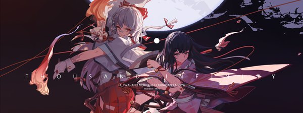 Anime picture 1950x728 with touhou fujiwara no mokou houraisan kaguya mivit long hair looking at viewer highres black hair red eyes wide image multiple girls brown eyes signed silver hair character names bandaid on nose girl gloves bow 2 girls