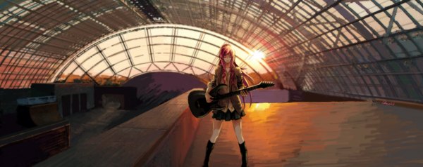 Anime picture 3000x1193 with vocaloid megurine luka chevasis (artist) single long hair highres wide image pink hair eyes closed sunlight girl uniform hair ornament school uniform socks hairclip black socks guitar