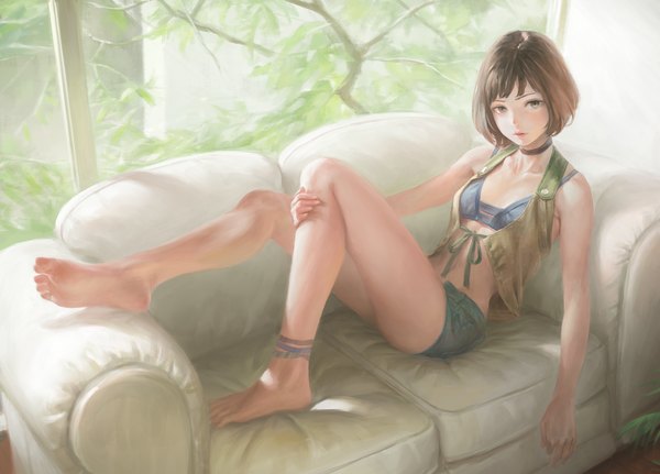 Anime picture 1920x1380 with original arata yokoyama single looking at viewer fringe highres short hair breasts light erotic black hair barefoot lips black eyes bare belly bare legs flat chest leg lift (legs lift) girl navel plant (plants)