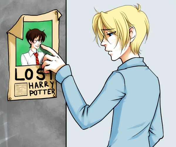 Anime picture 1000x836 with harry potter harry potter (character) draco malfoy eflunn (emilylunn) short hair blue eyes simple background blonde hair brown hair green eyes profile one eye closed wink from behind grey background multiple boys looking down sad parody boy