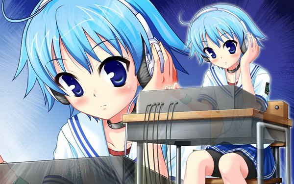 Anime picture 1024x640 with doinaka channel 5 mikagami ren short hair blue eyes wide image blue hair game cg girl serafuku headphones
