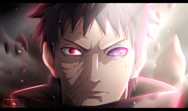 Anime picture 2732x1625 with naruto studio pierrot naruto (series) uchiha obito tobi kortrex single highres short hair black hair red eyes wide image purple eyes heterochromia coloring light letterboxed scar close-up smoke