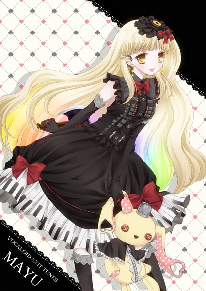 Anime picture 1200x1695 with vocaloid mayu (vocaloid) usano mimi koyoi (ruka) single long hair tall image blonde hair yellow eyes girl thighhighs dress gloves bow black thighhighs elbow gloves toy stuffed animal