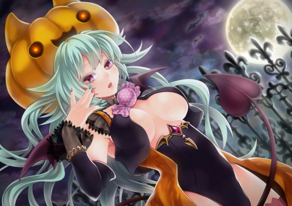 Anime picture 1695x1200 with original tsuto (artist) single long hair breasts open mouth light erotic red eyes tail nail polish green hair halloween girl detached sleeves wings moon vegetables jack-o'-lantern bat pumpkin