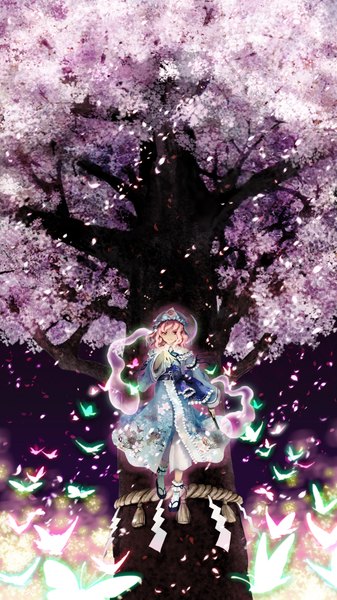Anime picture 1000x1781 with touhou saigyouji yuyuko miyuki ruria single tall image short hair smile pink hair japanese clothes pink eyes night ghost girl plant (plants) petals tree (trees) belt insect butterfly bonnet