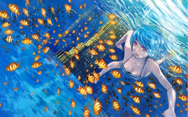 Anime picture 1680x1050 with original canking short hair red eyes wide image bare shoulders blue hair barefoot underwater swimming girl water building (buildings) bubble (bubbles) fish (fishes)