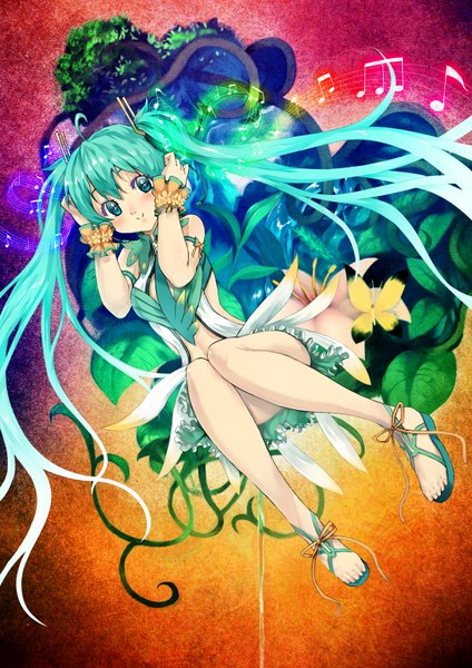 Anime picture 2480x3508 with vocaloid hatsune miku bh001 (daspaint) single long hair tall image highres twintails aqua eyes aqua hair girl flower (flowers) insect butterfly wrist cuffs musical note