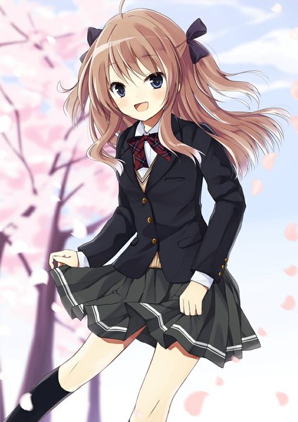 Anime picture 723x1023 with original purin jiisan single long hair tall image looking at viewer blush open mouth blue eyes brown hair ahoge wind two side up cherry blossoms spring girl uniform bow plant (plants) hair bow