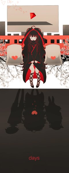 Anime picture 800x2000 with kagerou project days (kagerou project) shaft (studio) azami (kagerou project) tsukihiko (kagerou project) kozakura shion yuryi0728 single tall image fringe black hair smile sitting payot ahoge eyes closed long sleeves very long hair inscription wide sleeves