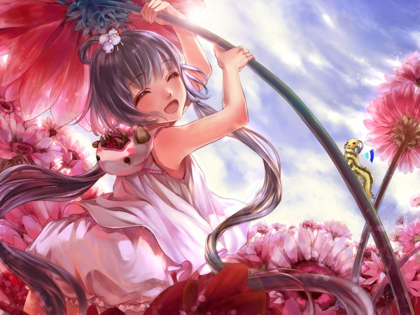 Anime picture 2000x1500 with vocaloid vocaloid china luo tianyi liiko highres open mouth black hair smile twintails eyes closed very long hair loli girl dress hair ornament flower (flowers) insect